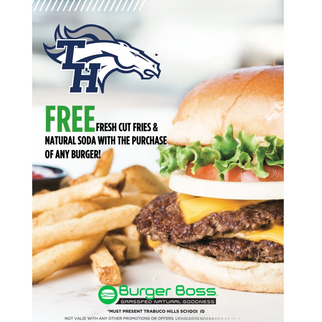 THHS Promotional Flyer. Image of THHS Logo with words "Free fresh cut fries and natural soda with the purchase of any burger"